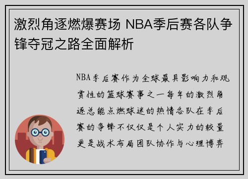激烈角逐燃爆赛场 NBA季后赛各队争锋夺冠之路全面解析