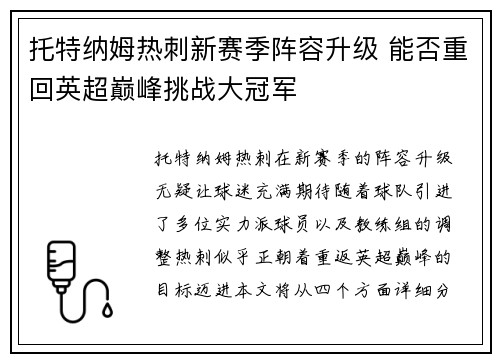 托特纳姆热刺新赛季阵容升级 能否重回英超巅峰挑战大冠军