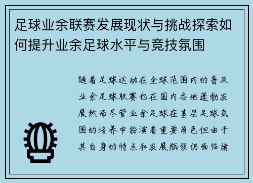 足球业余联赛发展现状与挑战探索如何提升业余足球水平与竞技氛围