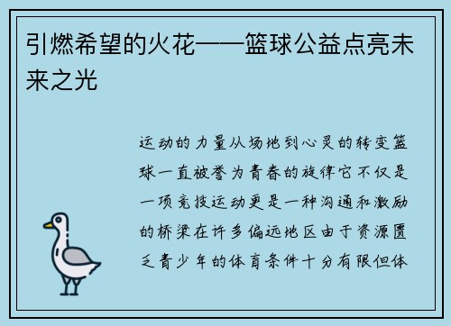 引燃希望的火花——篮球公益点亮未来之光