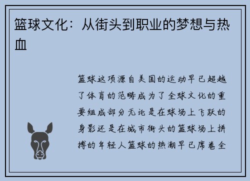 篮球文化:从街头到职业的梦想与热血 篮球文化:从街头到职业的梦想与热血