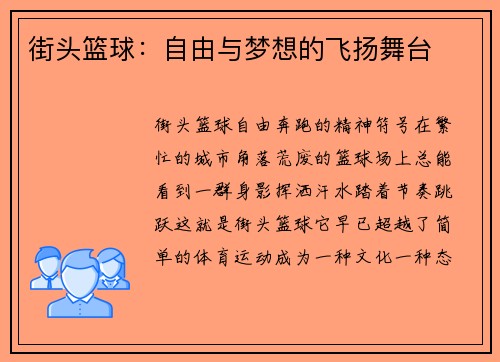 街头篮球:自由与梦想的飞扬舞台 街头篮球:自由与梦想的飞扬舞台