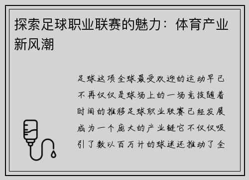 探索足球职业联赛的魅力：体育产业新风潮